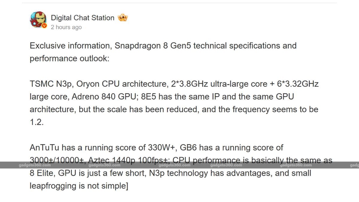 Snapdragon 8 Gen 5 Chipset Key Specifications and Benchmark Scores Tipped; May Power Upcoming iQOO, Vivo Phones